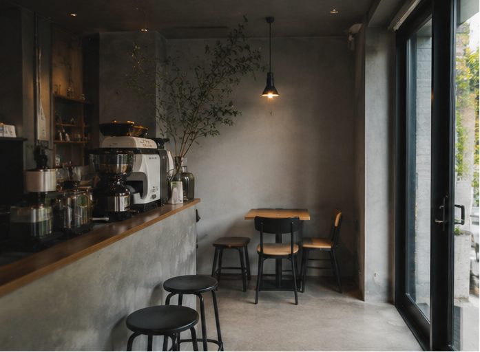 やわらかな光の差し込む、コンクリートと木の静かな店内